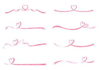 ハート型のリボン、デコレーション素材のセット、水彩カラー