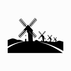 Windmills of La Mancha Silhouette &ndash; Don Quixote Spanish Landscape Vector