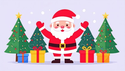 Cute Santa Claus with Christmas Trees and Gifts Illustration.