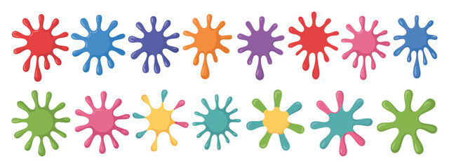 Color ink blots with colorful paint splatters and drips in organic splashes featuring bright playful bold abstract graffiti spots for kids art and pop art design.