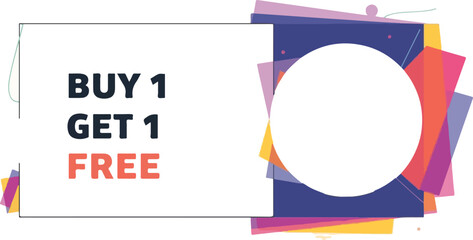 A colorful promotional banner with a white rectangle featuring a buy one get one free offer on a multicolored abstract background. Perfect for advertising, sales promotions, and marketing