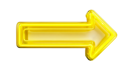 Glossy yellow neon arrow pointing right, perfect for directional signage, forward motion concepts, and guiding information displays on websites and presentations.