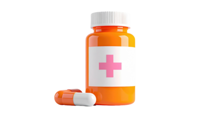 Pill bottle with capsule on a black background, label with a medical plus symbol