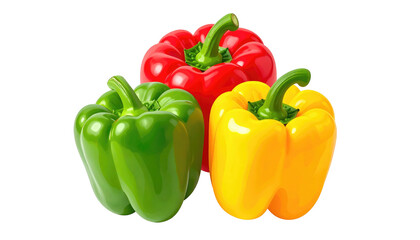 Trio of bell peppers a green, red, and yellow pepper, clustered together against a solid dark background