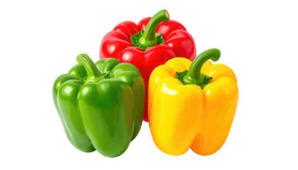 Trio of bell peppers a green, red, and yellow pepper, clustered together against a solid dark background