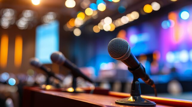 Press conference with microphones and podium. Blurred bokeh background