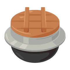 木製蓋付きの釜飯用釜のイラスト／Illustration of a Kamameshi Pot with Wooden Lid.