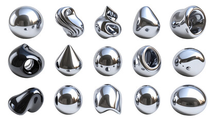Metallic, shiny, abstract 3D shapes of various forms against a black background. Each sphere is rendered with high reflectivity