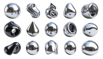 Metallic, shiny, abstract 3D shapes of various forms against a black background. Each sphere is rendered with high reflectivity