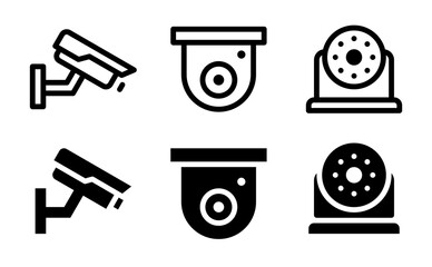 CCTV security camera icons set in outline and solid style