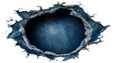 Close up of torn blue denim fabric with frayed edges and textured weave, perfect for background or overlay applications in apparel and creative projects.