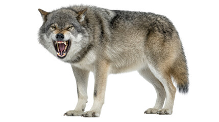 Fierce wolf snarling with open mouth and sharp teeth, showcasing aggressive wild animal behavior and predatory instinct for nature documentary or wildlife concept.