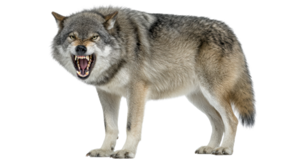 Fierce wolf snarling with open mouth and sharp teeth, showcasing aggressive wild animal behavior and predatory instinct for nature documentary or wildlife concept.