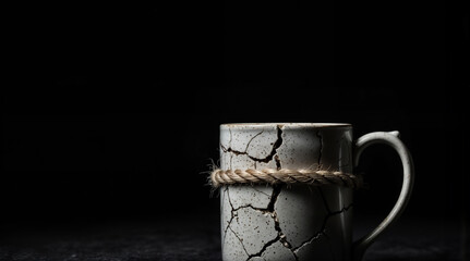a cracked ceramic mug tied with a rope around its base, placed against a dark background.