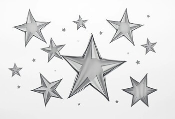 Obraz premium Whimsical, unevenly sized stars sketched in charcoal, varying shades of grey on white background, black and white, grey