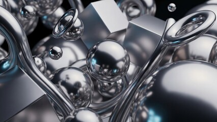 A dynamic composition of shiny silver spheres, cubes, and abstract metallic shapes reflecting light in a dark environment.