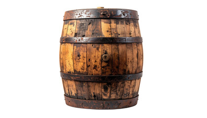 Fototapeta premium A weathered wooden barrel with dark metal hoops, possibly used for aging liquids, isolated against a black background