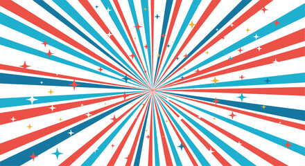 A vibrant and celebratory sunburst background features radiating red, white, and blue stripes with scattered sparkling stars.