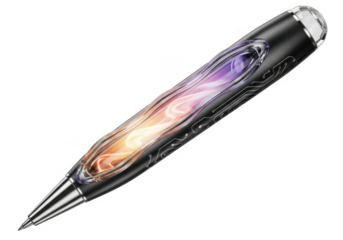 Futuristic pen with swirling colorful light and circuit patterns isolated on transparent background for design and art