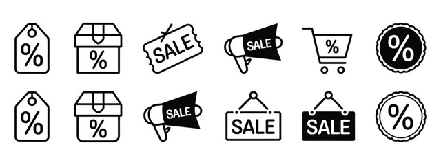 Discount icon set featuring price tags and promotion symbols for retail marketing, shopping sale offers, and commercial clearance events in a clean modern vector illustration style.