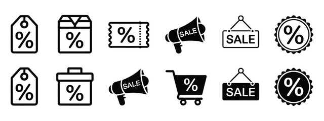 Discount icon set featuring price tags and promotion symbols for retail marketing, shopping sale offers, and commercial clearance events in a clean modern vector illustration style.
