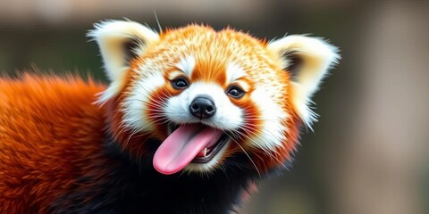 Obraz premium Cute red panda with playful tongue out and funny face, a furry mammal native to the eastern Himalayas, cute animal, charming