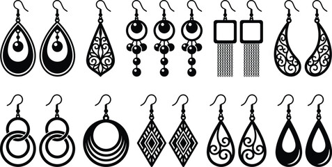 Decorative earrings silhouette set, women fashion jewelry collection, hanging drop hoop designs, modern accessories isolated vector illustration style © Shahariar's World