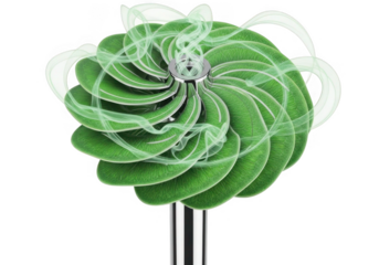 Green turbine with swirling smoke isolated on transparent background for eco energy and innovation