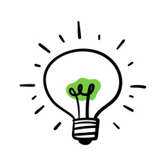 Light bulb creative idea icon set on transparent background. Creativity in light bulb concept with black and green line icon set. Flat idea, creativity, inspiration, innovation, solution symbol 