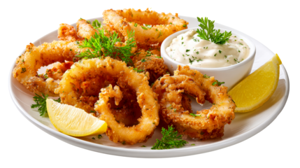 Golden brown crispy fried calamari rings served with creamy dipping sauce and lemon wedges on a white plate perfect for appetizer or seafood menu promotion