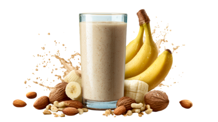 Refreshing banana smoothie with nuts and splashes for healthy lifestyle promotion and food advertising