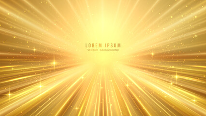 Gold abstract background with glowing light rays and sparkles