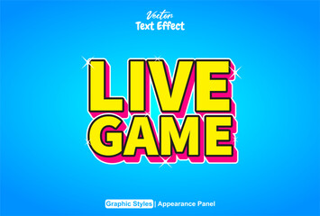 text effect live game with 3d style yellow color and blue background.
