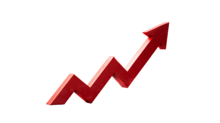 Red geometric arrow graphic showing upward trend and growth, perfect for business success, finance reports and positive development presentations.