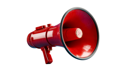 Classic red megaphone object with detailed textured surface and handle for communication or announcement themes, perfect for marketing campaigns and media projects.