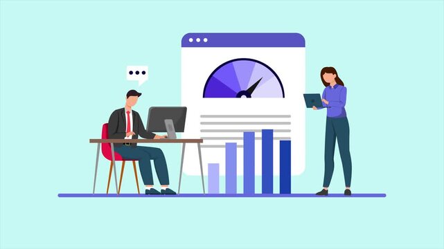Animated video of goal Two workers are doing benchmarking activities. Benchmarking concept. Full length animation illustration. High quality&nbsp;4k&nbsp;footage