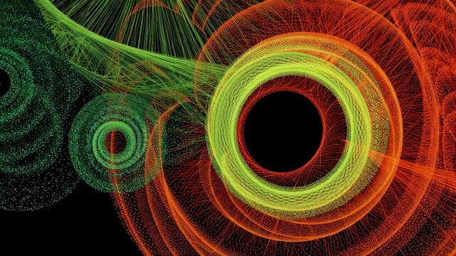 Abstract digital art featuring circular patterns with green and orange swirling lines and dots, creating dynamic motion, vibrant visual effects, and intricate patterns evoking energy and connectivity