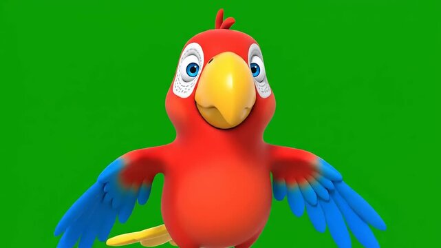 Adorable 3D Cartoon Parrot with Bright Feathers on a Green Screen Background