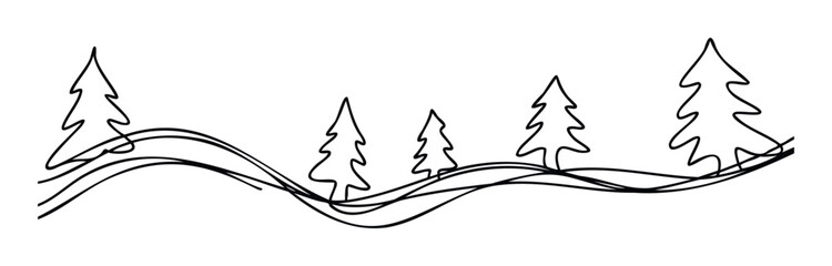 Minimalist single line drawing of evergreen trees on rolling wavy ground, perfect for winter, nature, or holiday seasonal themes and graphic projects.