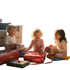 Three happy young girls excitedly opening colorful Christmas presents together