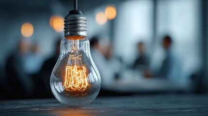 Light Bulb Idea Concept on Desk with Blurry Business People in Background. High quality. High quality