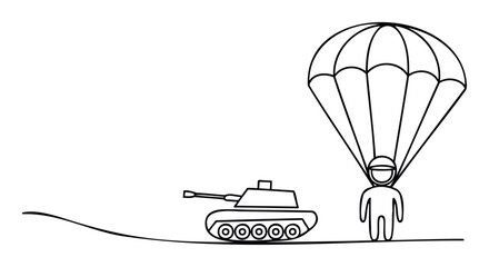 Military parachute soldier lands near a tank symbolizing airborne assault operations and strategic deployment in combat scenarios for defense or tactical training concepts