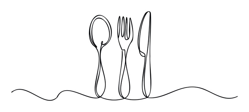 Minimalist continuous line drawing of a fork, knife, and spoon on a wavy surface, ideal for restaurant promotion or culinary websites