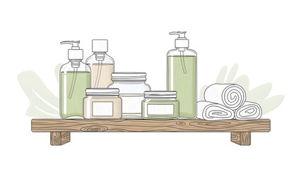 Natural Skincare and Spa Products Arrangement on Rustic Wooden Shelf Illustration