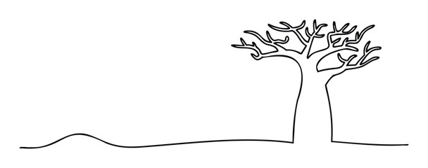 Minimalist line art of a bare deciduous tree on rolling ground symbolizing nature, seasons, and organic growth for organic product branding, environmental awareness campaigns, or natural
