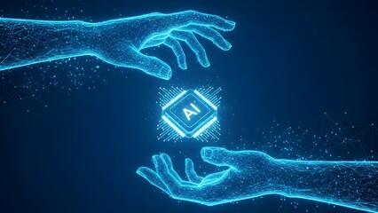 Abstract Digital AI Chip Between Holographic Human Hands &ndash; Futuristic Artificial Intelligence Technology Concept