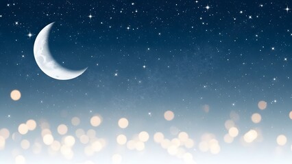 Fototapeta premium A serene and enchanting celestial night sky background, featuring a radiant crescent moon amidst twinkling stars, beautifully illuminated by soft, dreamy bokeh lights