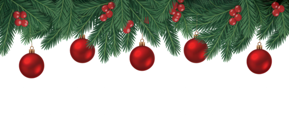 Christmas fir branch garland with red baubles and berries border isolated on transparent background