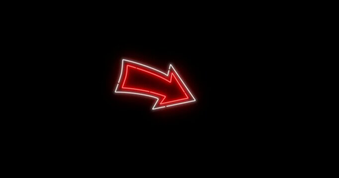 Red neon arrow pointing to a glowing circle frame icon animation for advertising and marketing isolated on black background.