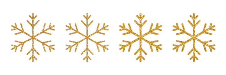 Four gold glitter snowflakes isolated on transparent background